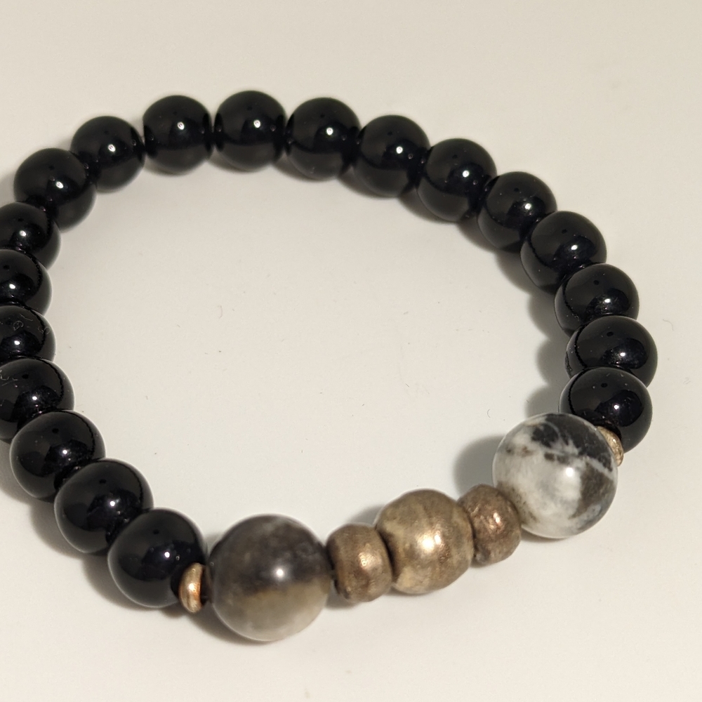 Silver and Obsidian Stretchy Bracelet